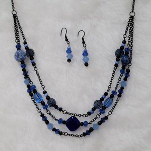 Artisan black chain and earrings with blue beads